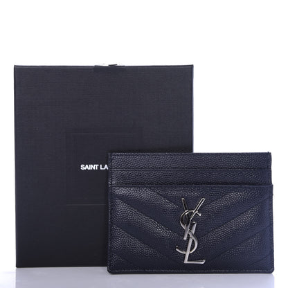 Saint Laurent Grain De Poudre Matelasse Monogram Chevron Credit Card Case Deep Marine 8 of 8