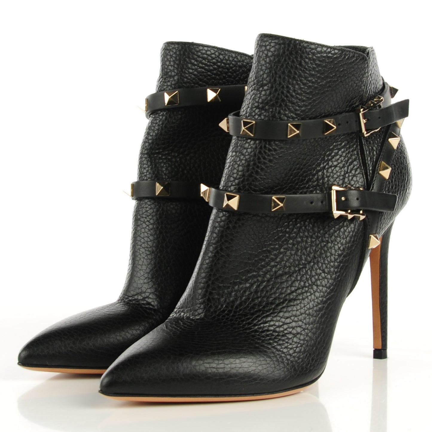 Pebbled Calfskin Rockstud Double Buckle 100mm Ankle Boots 37.5 Black