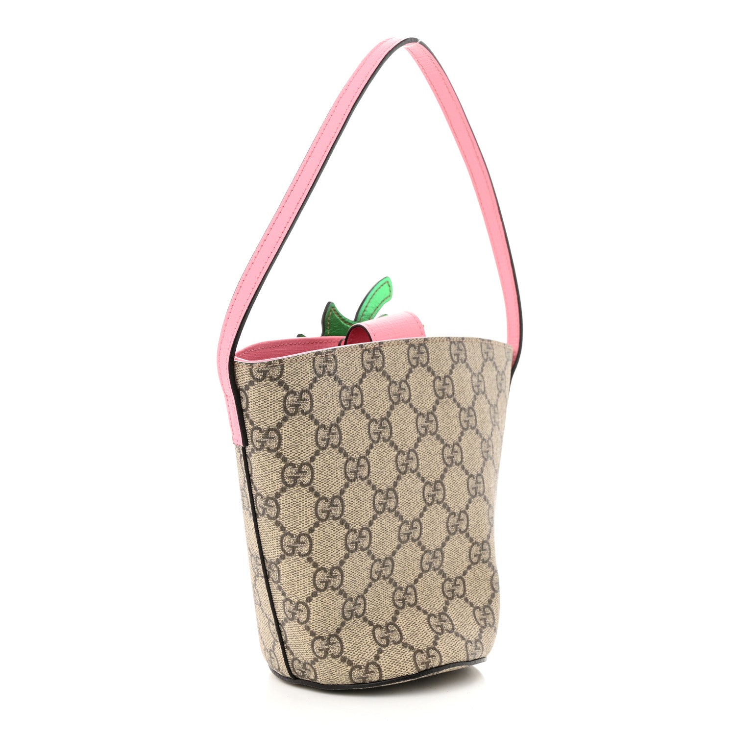 Gucci GG Supreme Monogram 3-D Strawberry Childrens Bucket Tote Beige Ebony Lotus Pink Fuxia Emerald 3 of 12