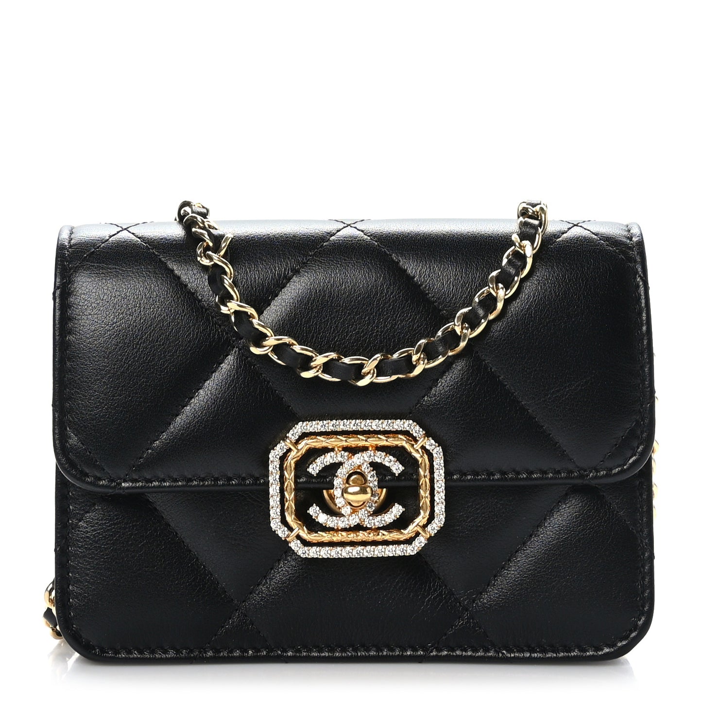 Calfskin Strass Quilted Clutch With Chain Flap Black