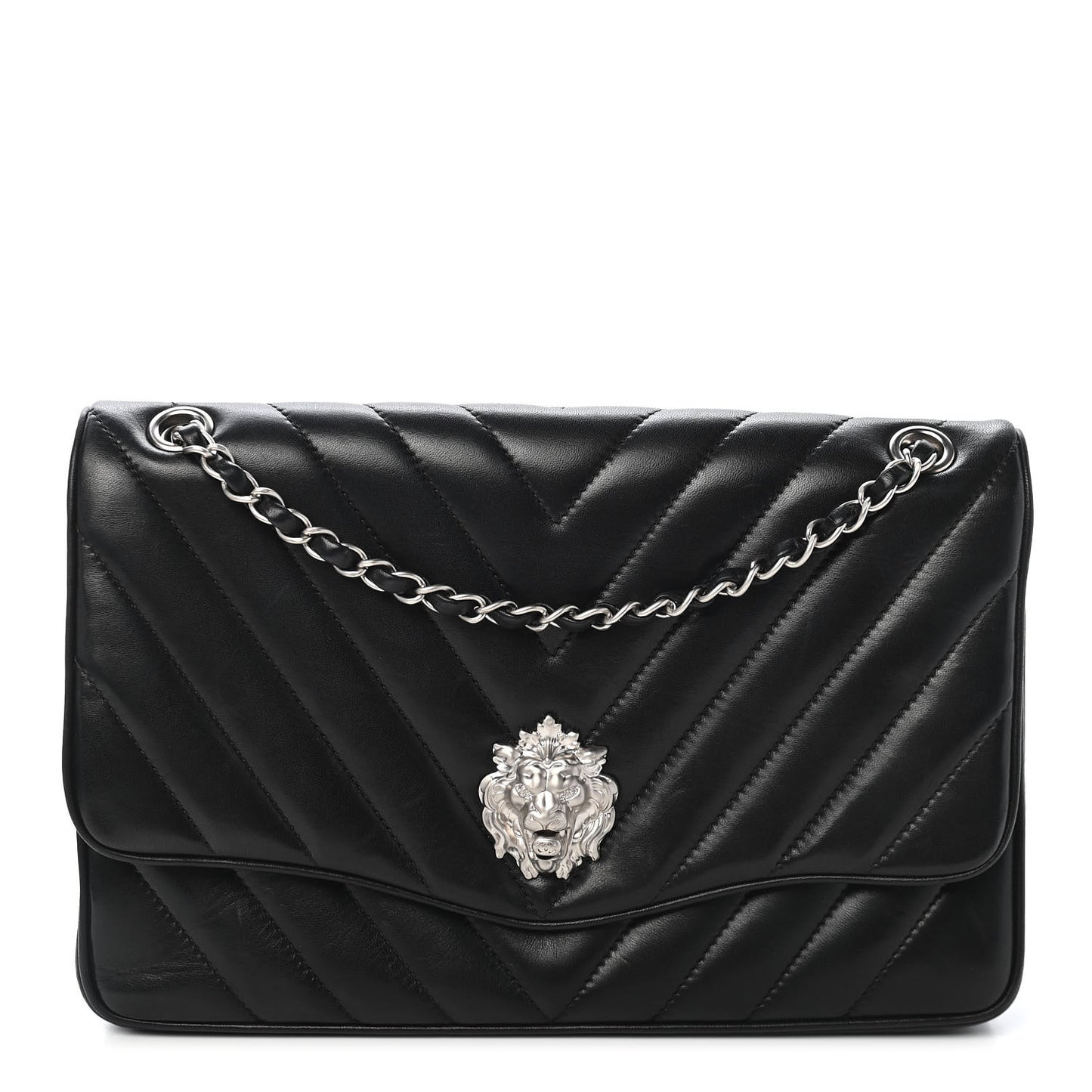 Lambskin Chevron Quilted Jumbo Leo Lion Flap Black