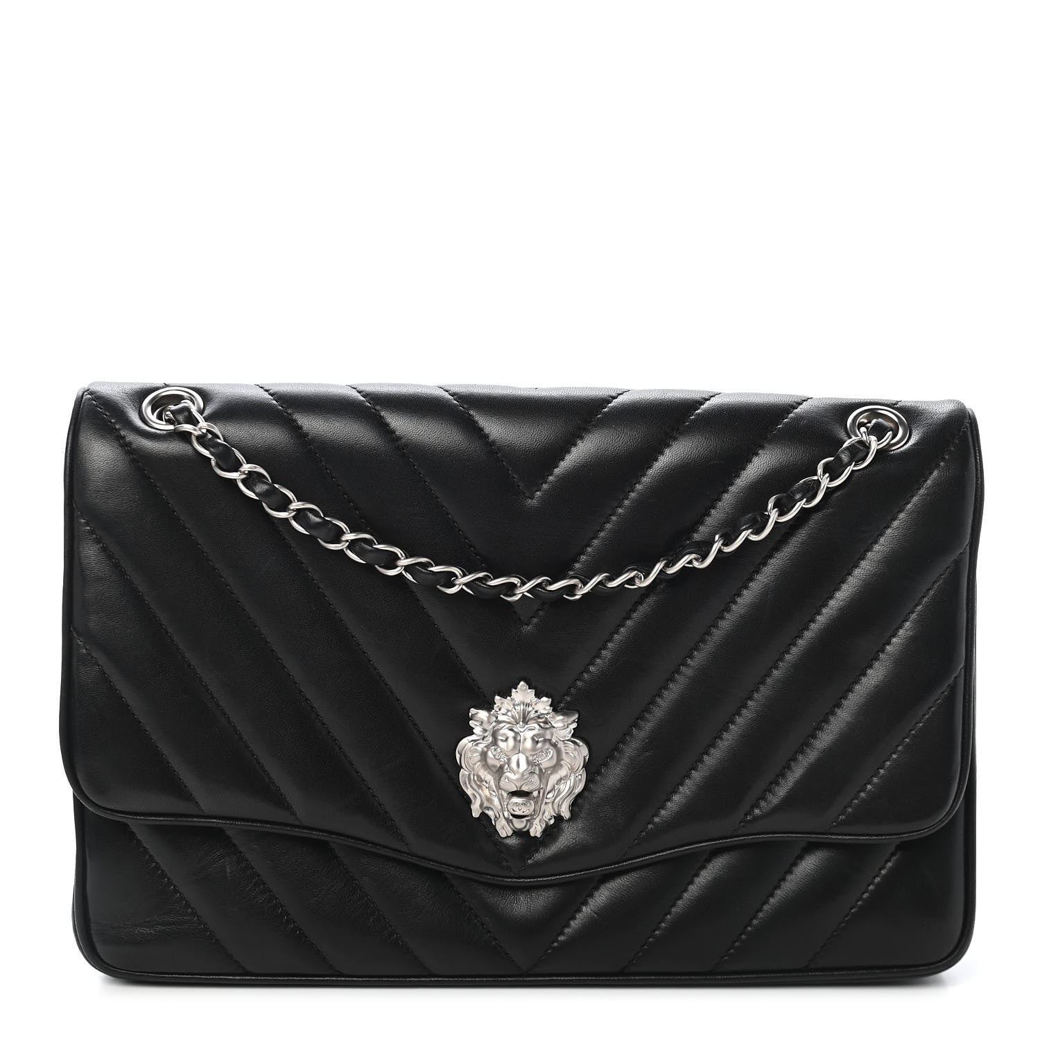 Chanel Lambskin Chevron Quilted Jumbo Leo Lion Flap Black 1 of 9