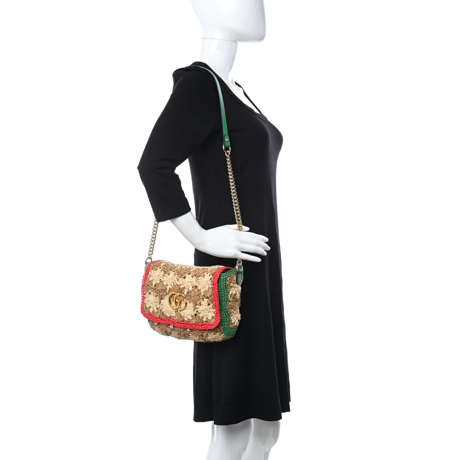 Gucci Raffia Azalea Calfskin Crochet Flower Small GG Marmont Shoulder Bag Natural Ecru Green Red New Shamarock 2 of 11