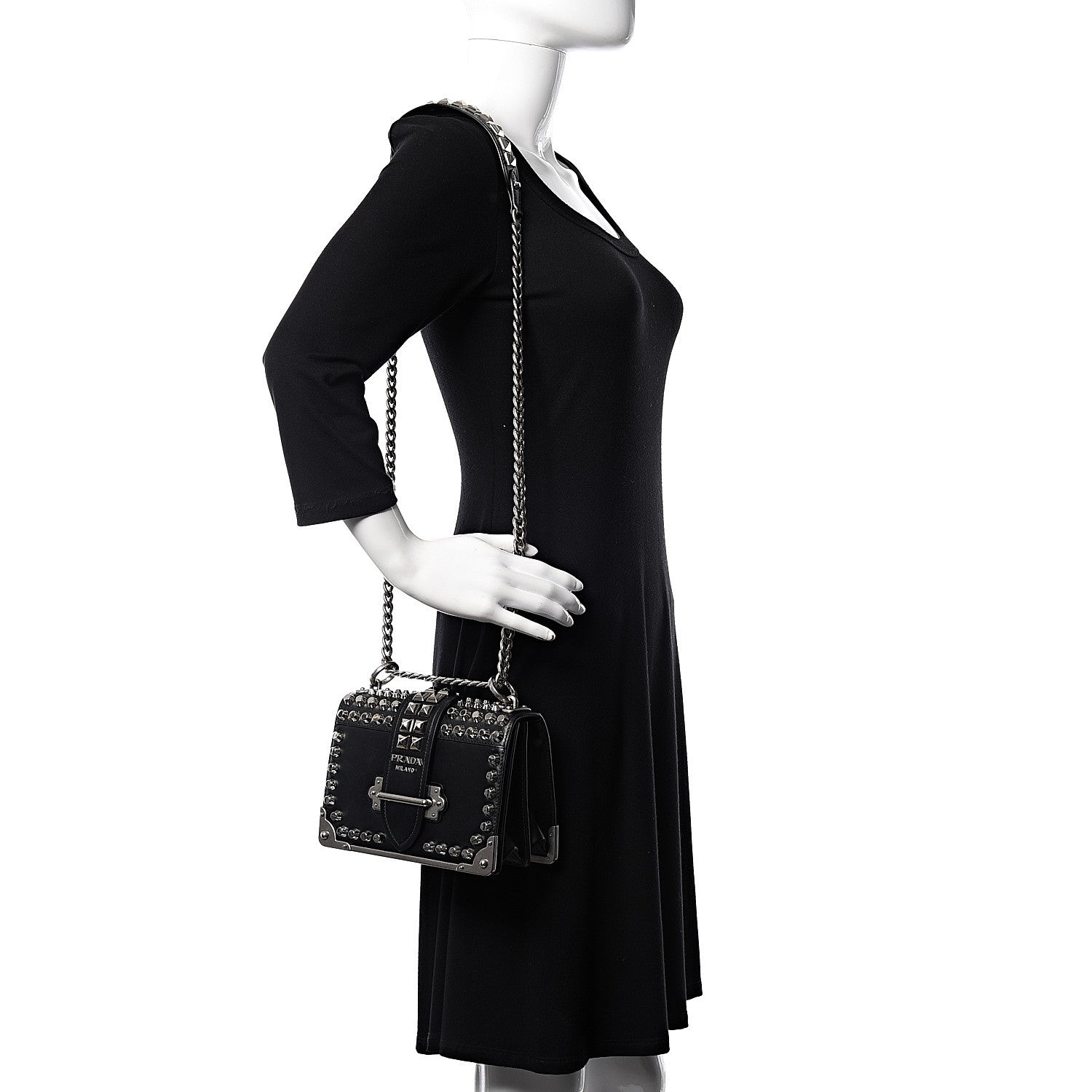 Prada City Calf Saffiano Studded Small Cahier Bag Black 2 of 9