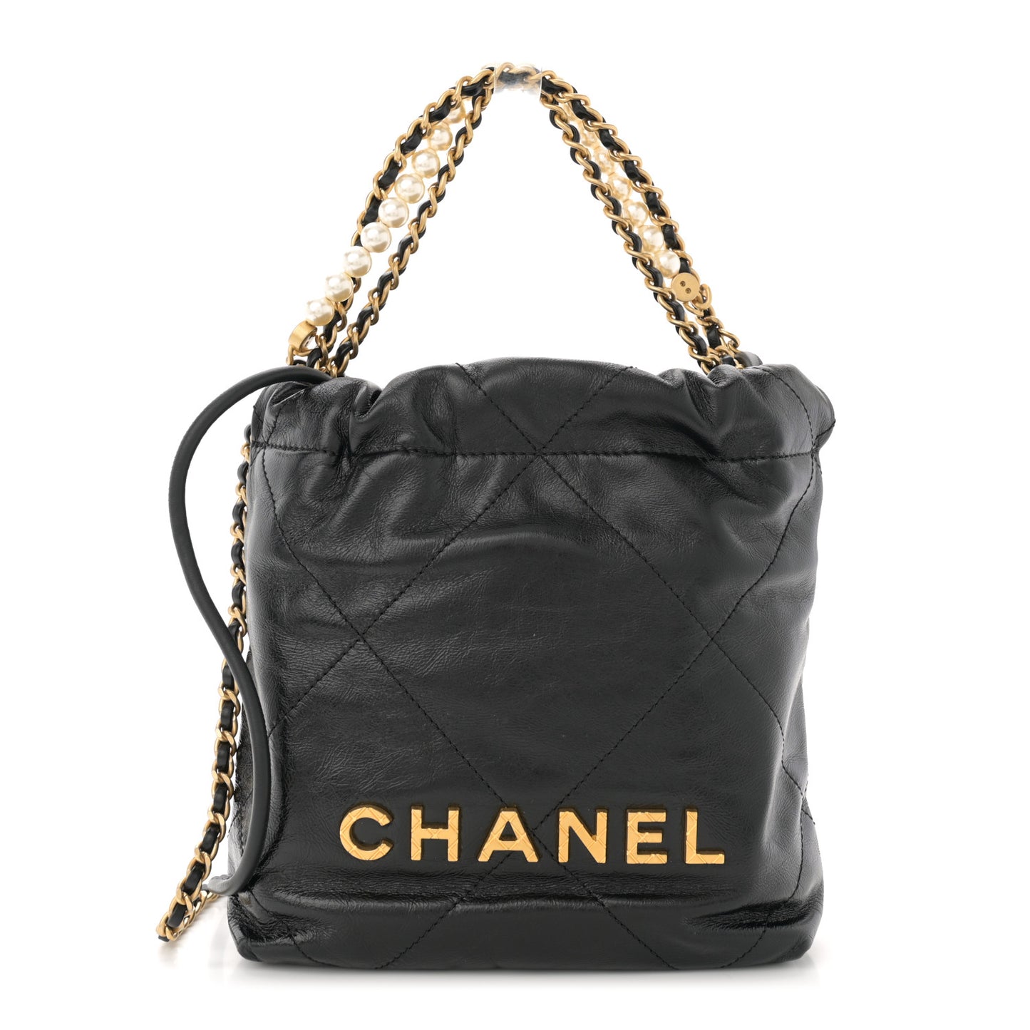 Shiny Crumpled Calfskin Quilted Pearl Mini Chanel 22 Black
