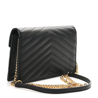 Saint Laurent Grain De Poudre Matelasse Chevron Monogram Envelope Chain Wallet Black 3 of 9