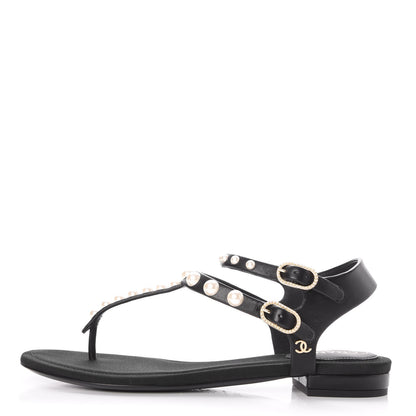 Chanel Lambskin Pearl Thong Sandals 36 Black 1 of 8