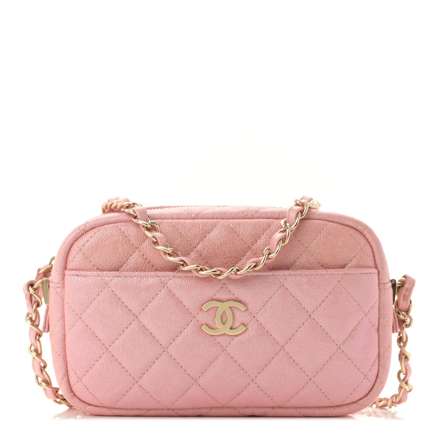 Iridescent Caviar Quilted Small Timeless Camera Case Pink