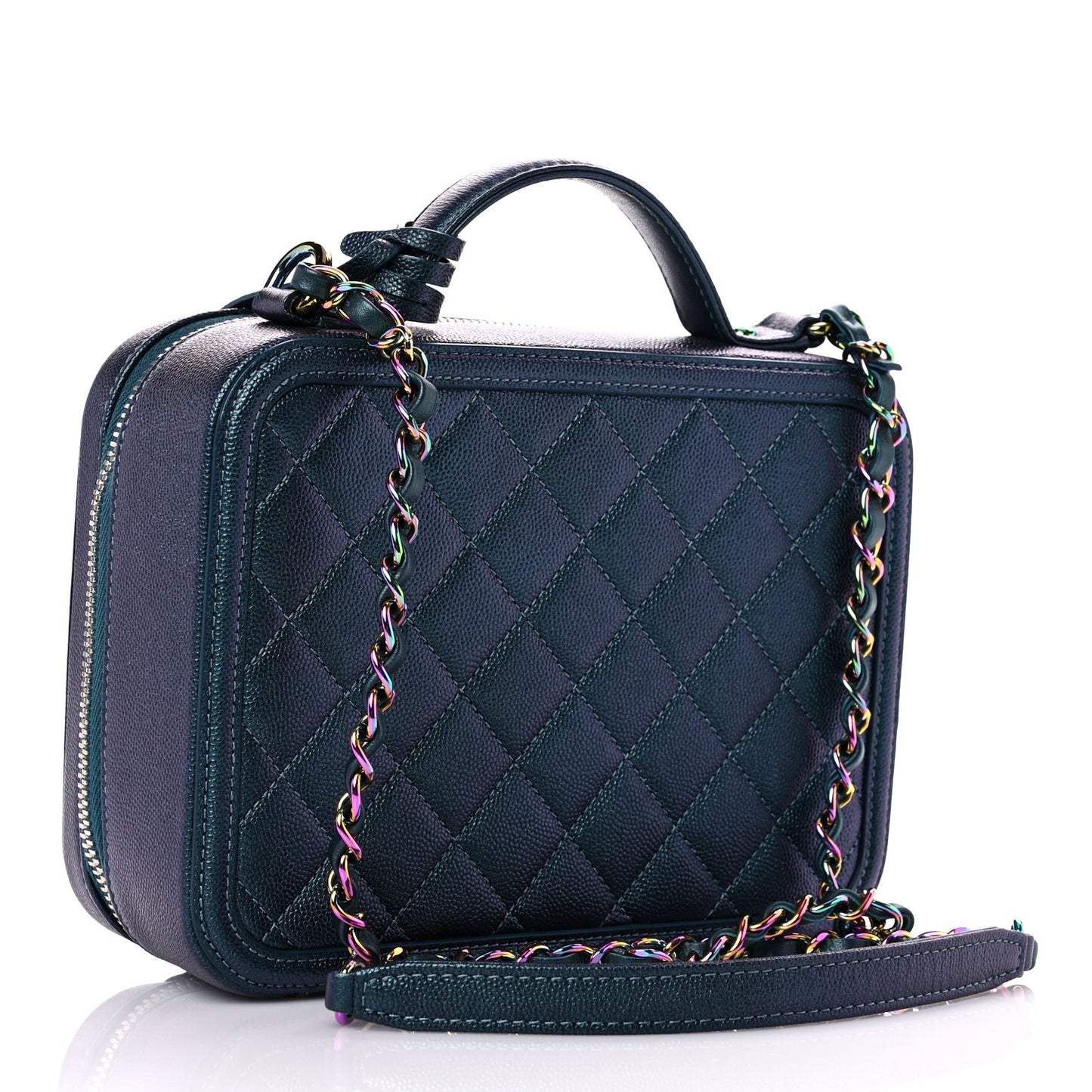Iridescent Caviar Quilted Medium CC Filigree Vanity Case Dark Turquoise