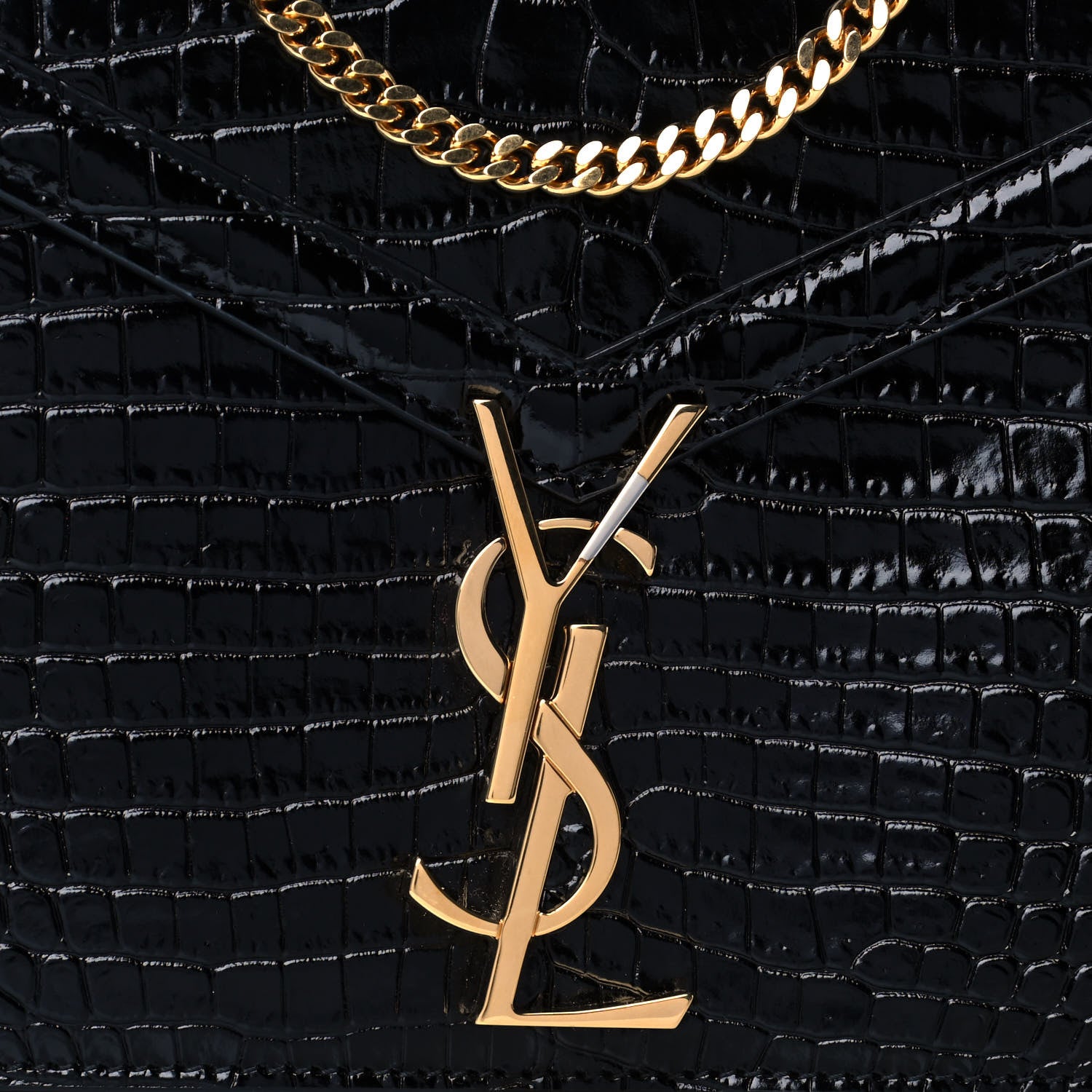 Saint Laurent Patent Calfskin Crocodile Embossed Monogram Cassandra Chain Wallet Black 9 of 12