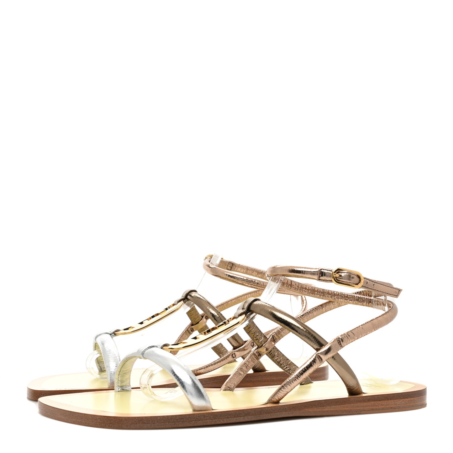 Metallic Nappa Fendi O'Lock Gladiator Flat Sandals 39 Argento Stagno Champagne