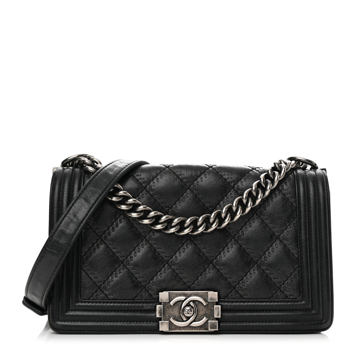 Calfskin Double Stitch Medium Boy Flap Black