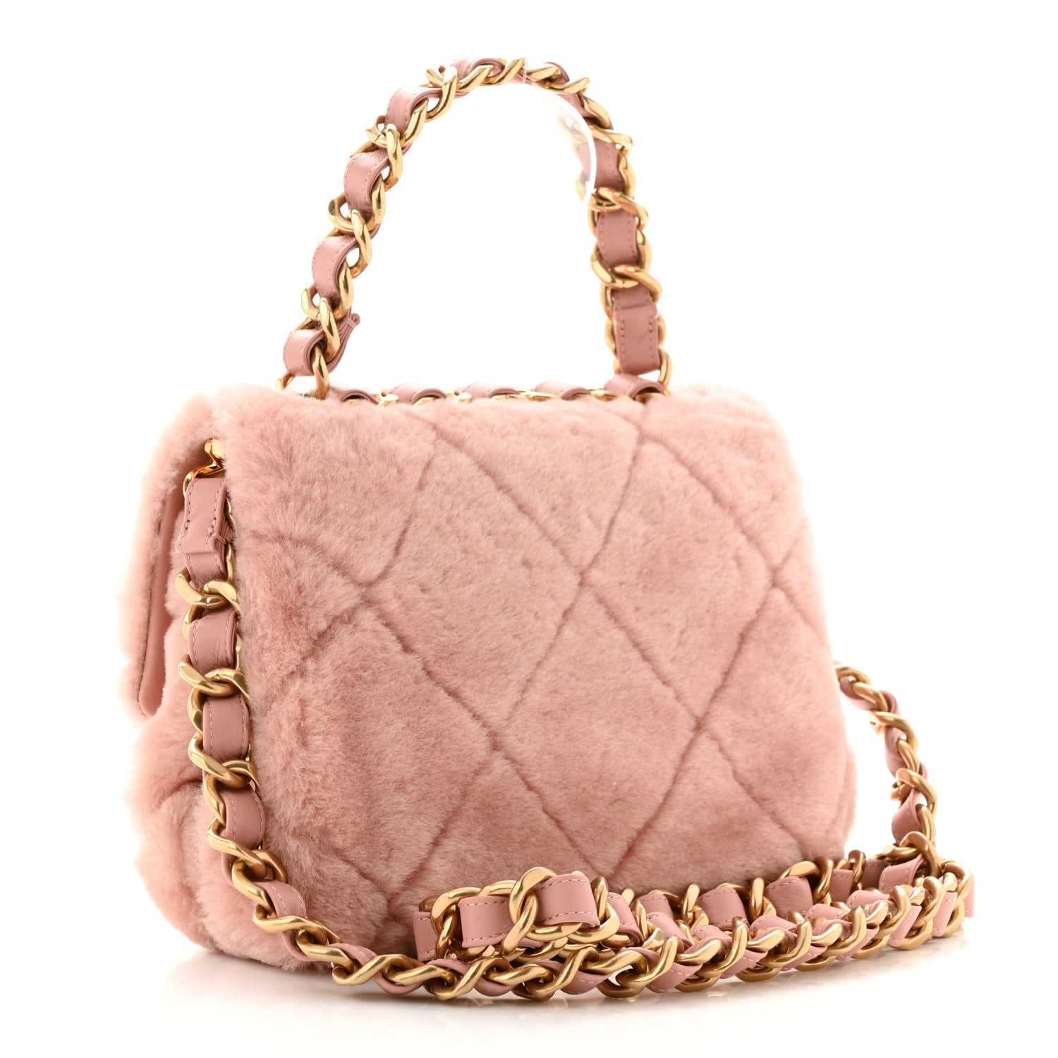 Chanel Shearling Lambskin Quilted Small Chain Top Handle Flap Pink 3 of 10