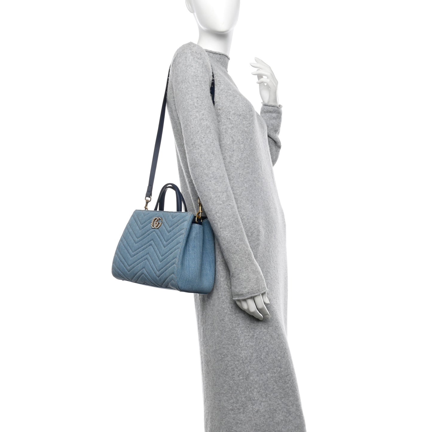 Denim Matelasse Small Pearly GG Marmont Tote Blue