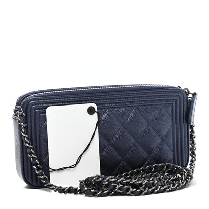Chanel Metallic Caviar Quilted Small Boy Clutch With Chain Navy 2 of 4