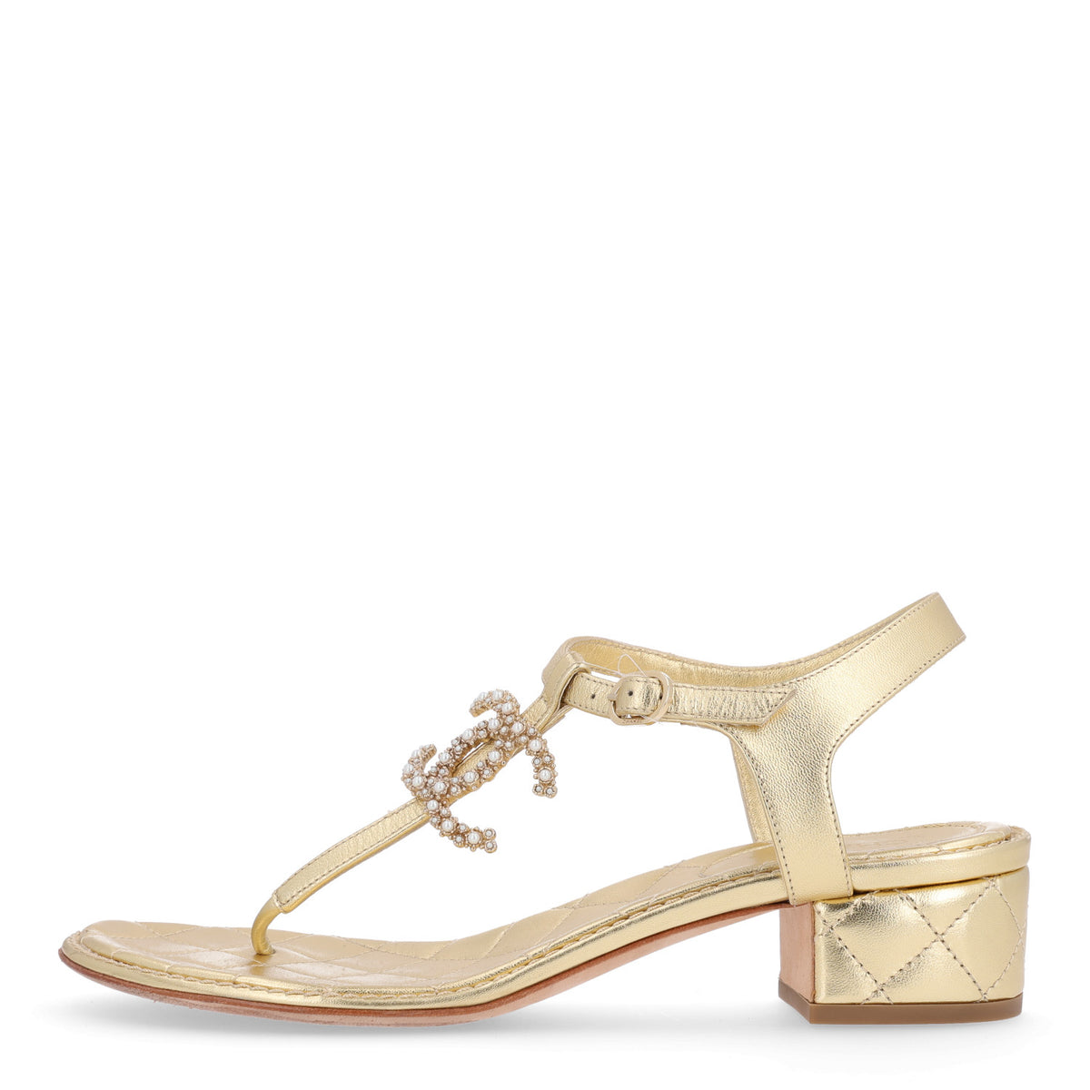 Chanel Laminated Lambskin Quilted CC Pearl Thong Sandals 39 Gold 1 of 11