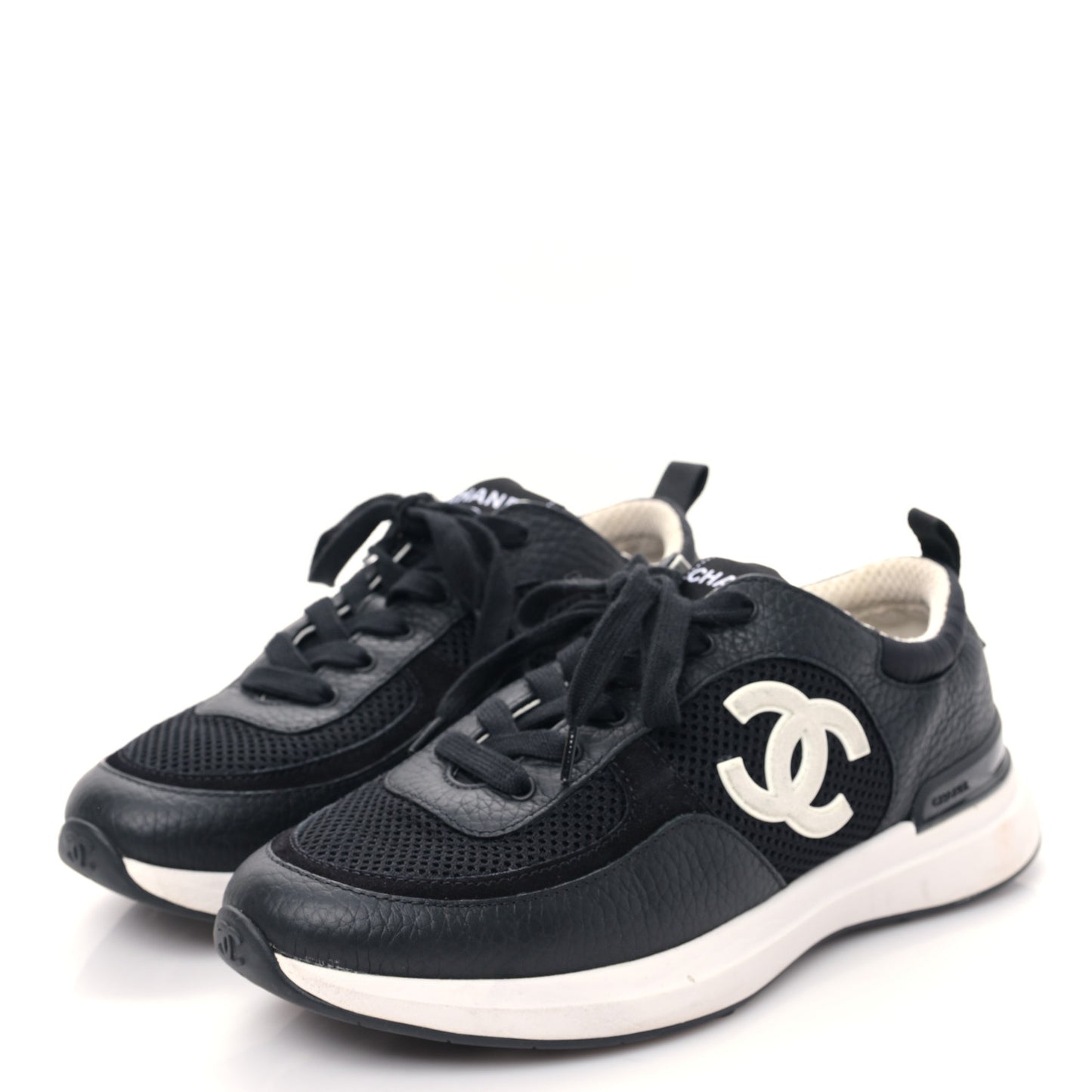 Calfskin Mesh Lycra Suede Womens Logo Sneakers 38.5 Black