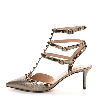 Valentino Garavani Metallic Pebbled Calfskin Patent Rockstud Ankle Strap 65mm Pumps 40.5 Sasso 1 of 8