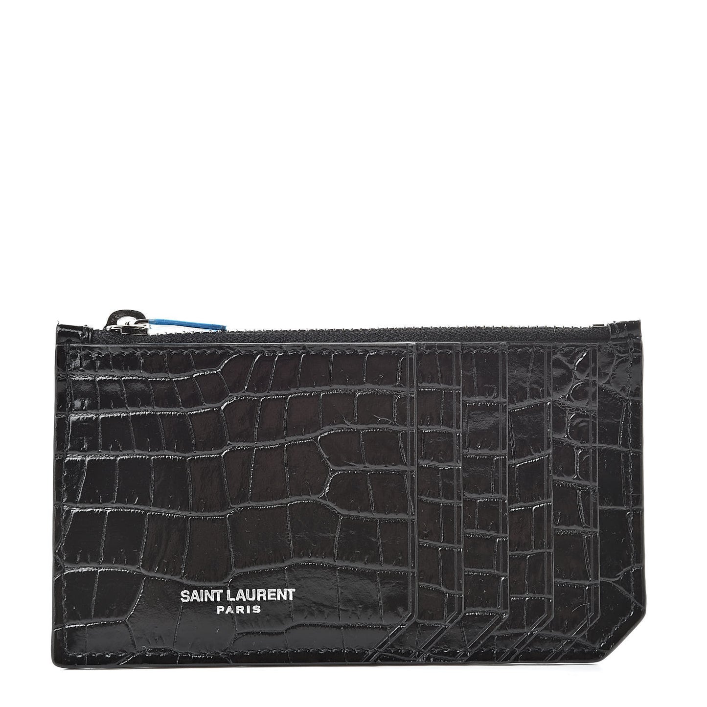 Calfskin Crocodile Embossed 5 Fragments Zip Pouch Card Holder Black