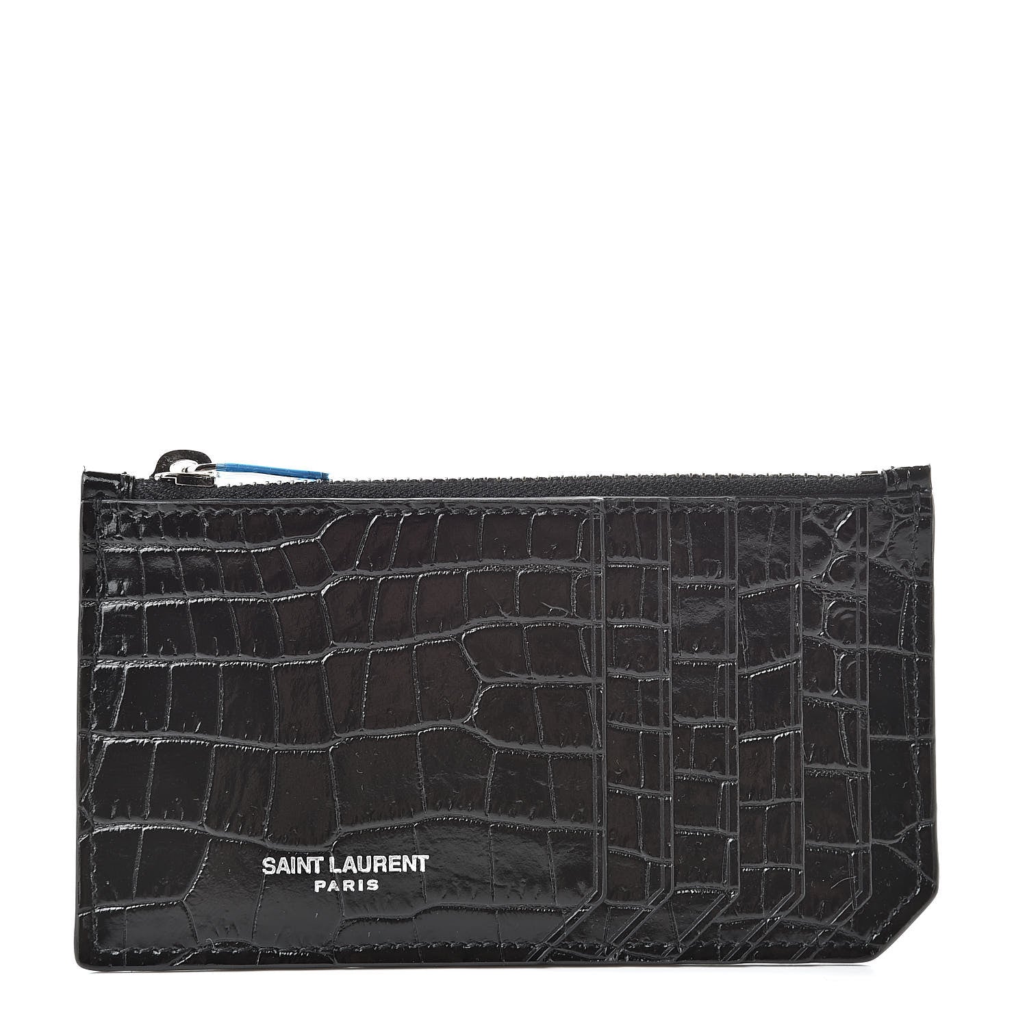 Saint Laurent Calfskin Crocodile Embossed 5 Fragments Zip Pouch Card Holder Black 1 of 8