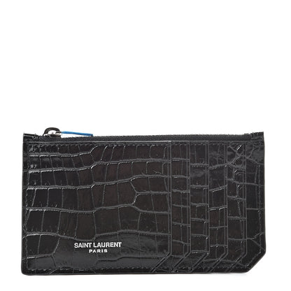 Saint Laurent Calfskin Crocodile Embossed 5 Fragments Zip Pouch Card Holder Black 1 of 8