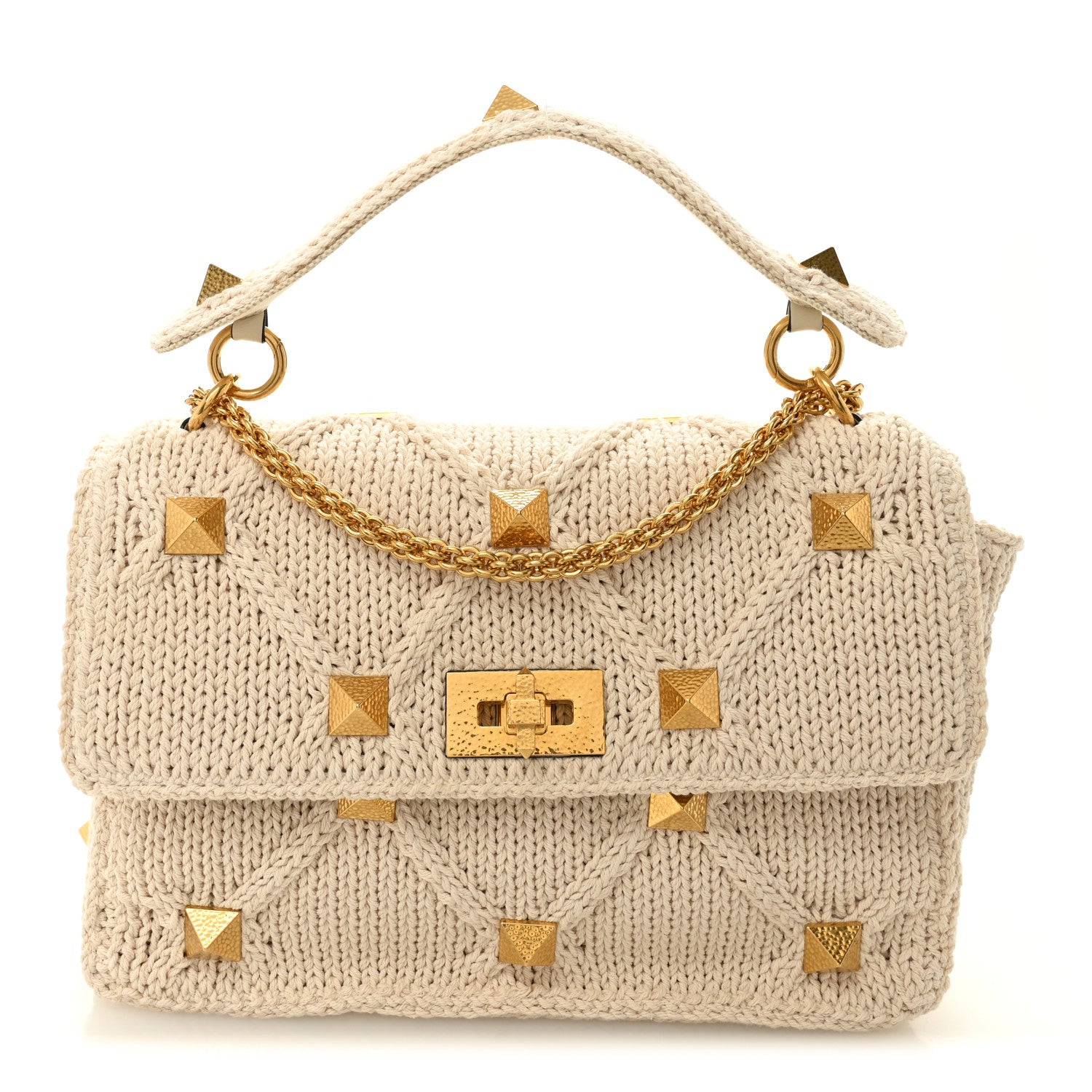 Valentino Garavani Knit Large Roman Stud Shoulder Bag Ecru 1 of 9