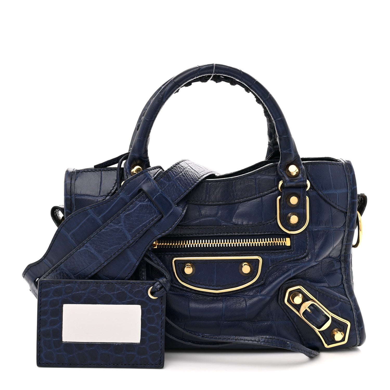 Balenciaga Calfskin Crocodile Embossed Gold Metallic Edge Hardware Mini City Bleu 3 of 13