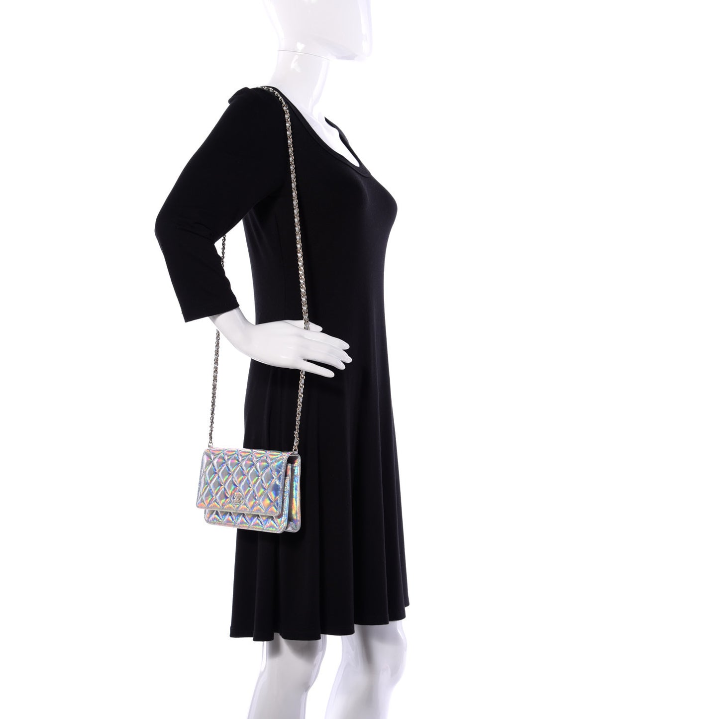 Iridescent Goatskin Quilted Wallet On Chain WOC Silver