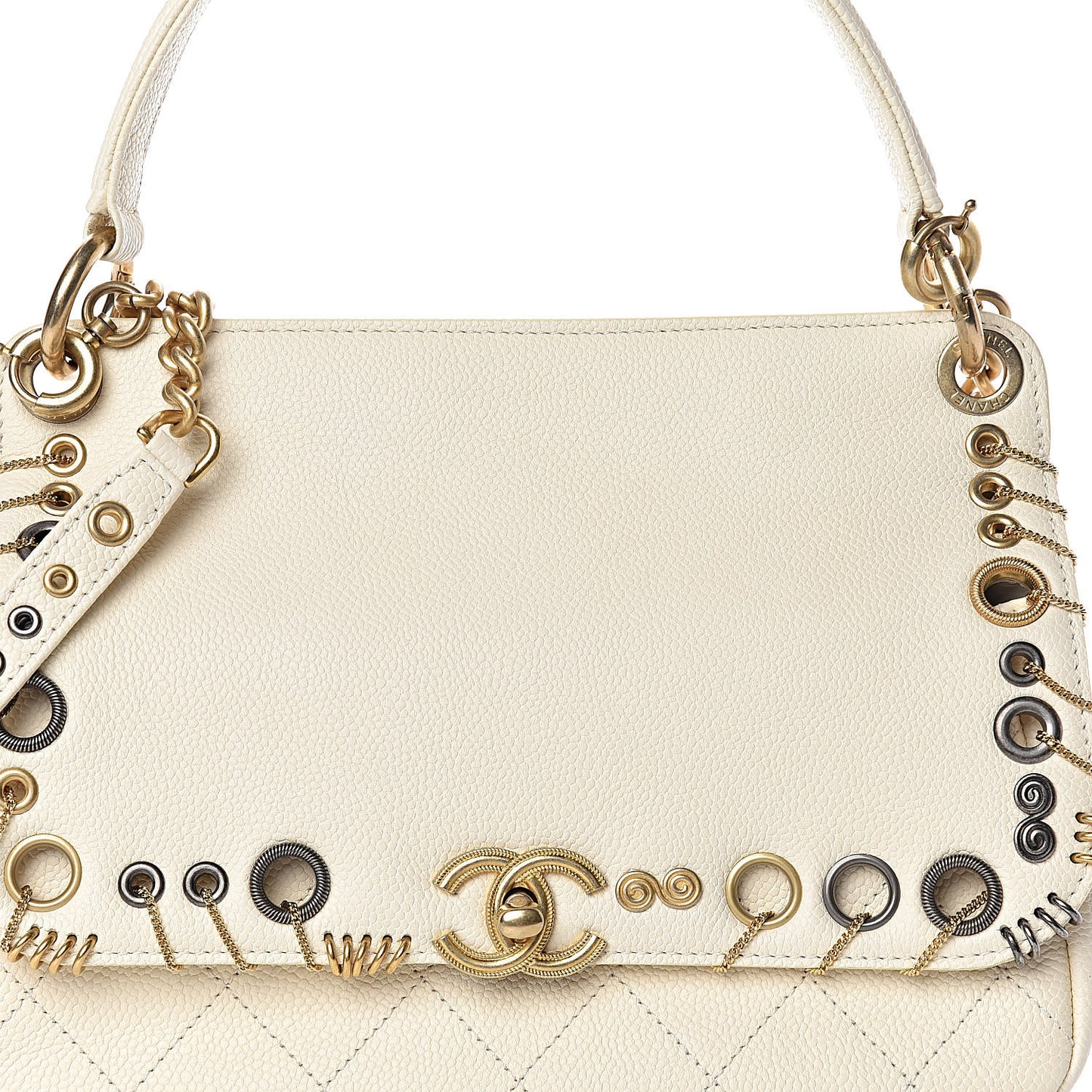 Caviar Quilted Grommet Embellished Small Piercing Chic Flap Bag Ivory