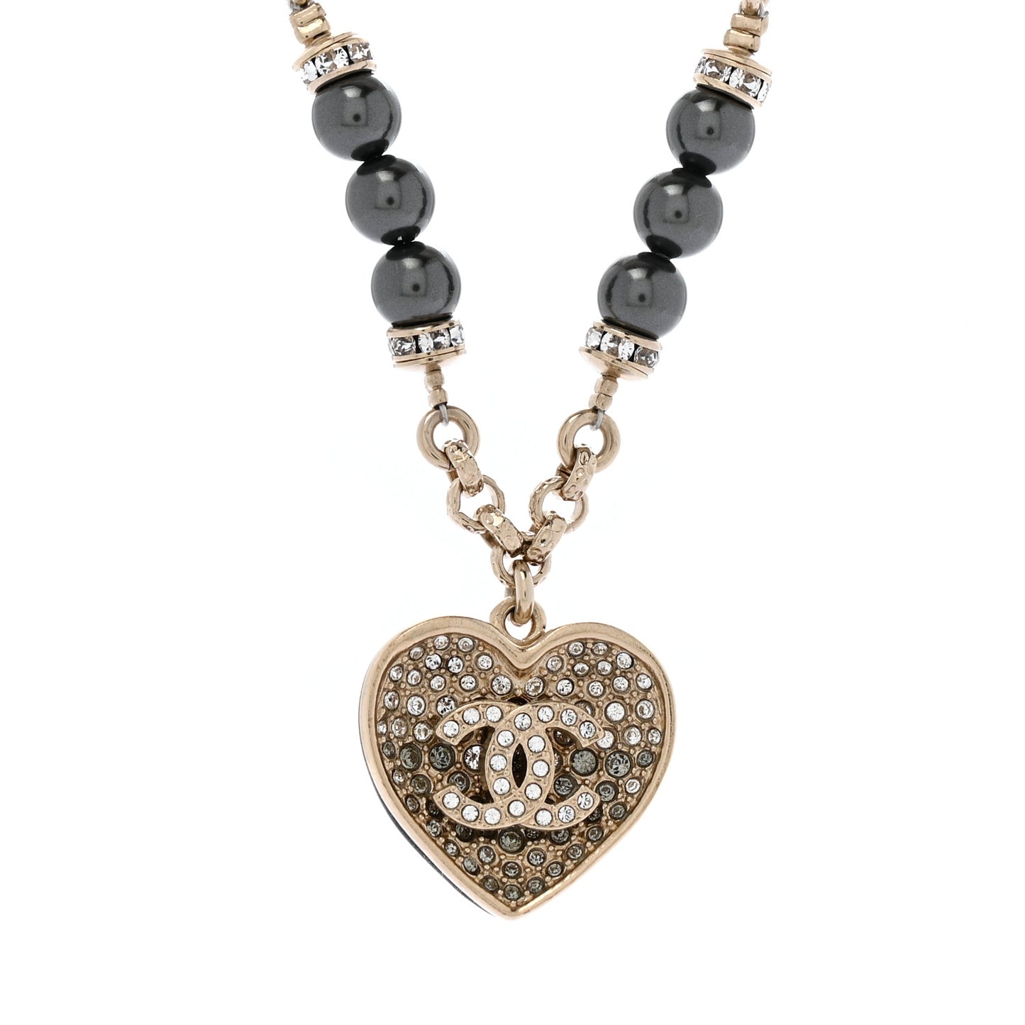 Pearl Resin Crystal Heart CC Pendant Chain Necklace Ruthenium Light Gold