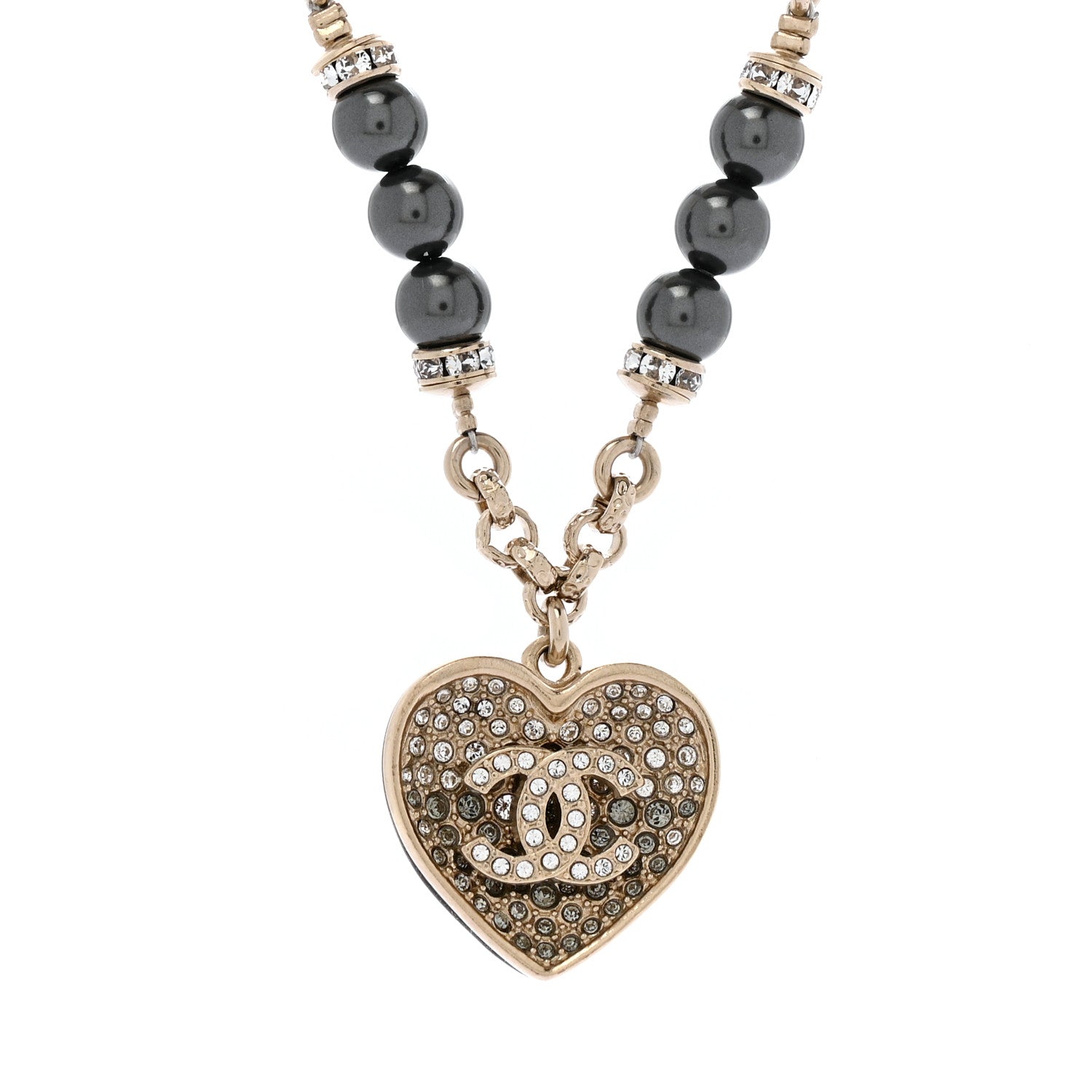 Chanel Pearl Resin Crystal Heart CC Pendant Chain Necklace Ruthenium Light Gold 4 of 5