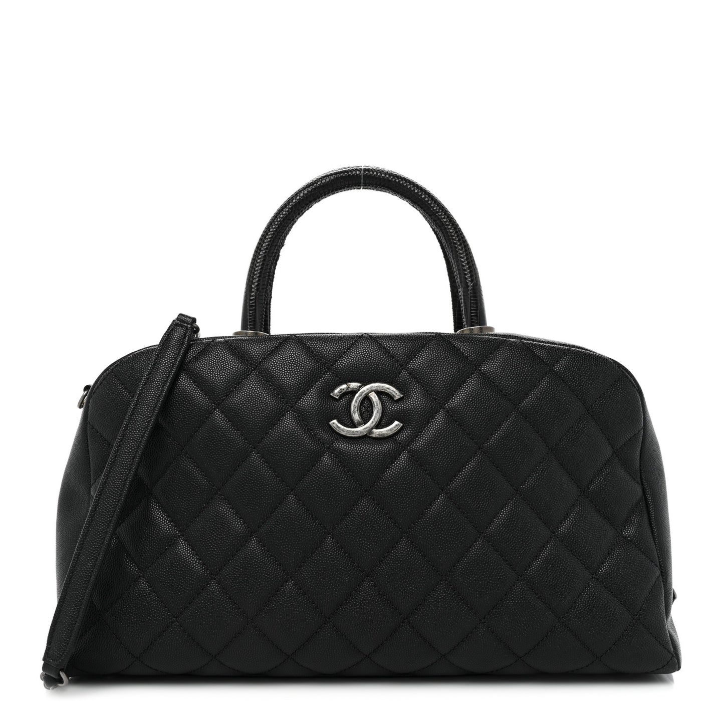 Caviar Lizard Quilted Coco Handle Bowler Black