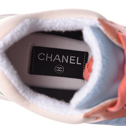 Chanel Nylon Lambskin Suede Calfskin CC Sneakers 38 Coral Light Blue White 7 of 9
