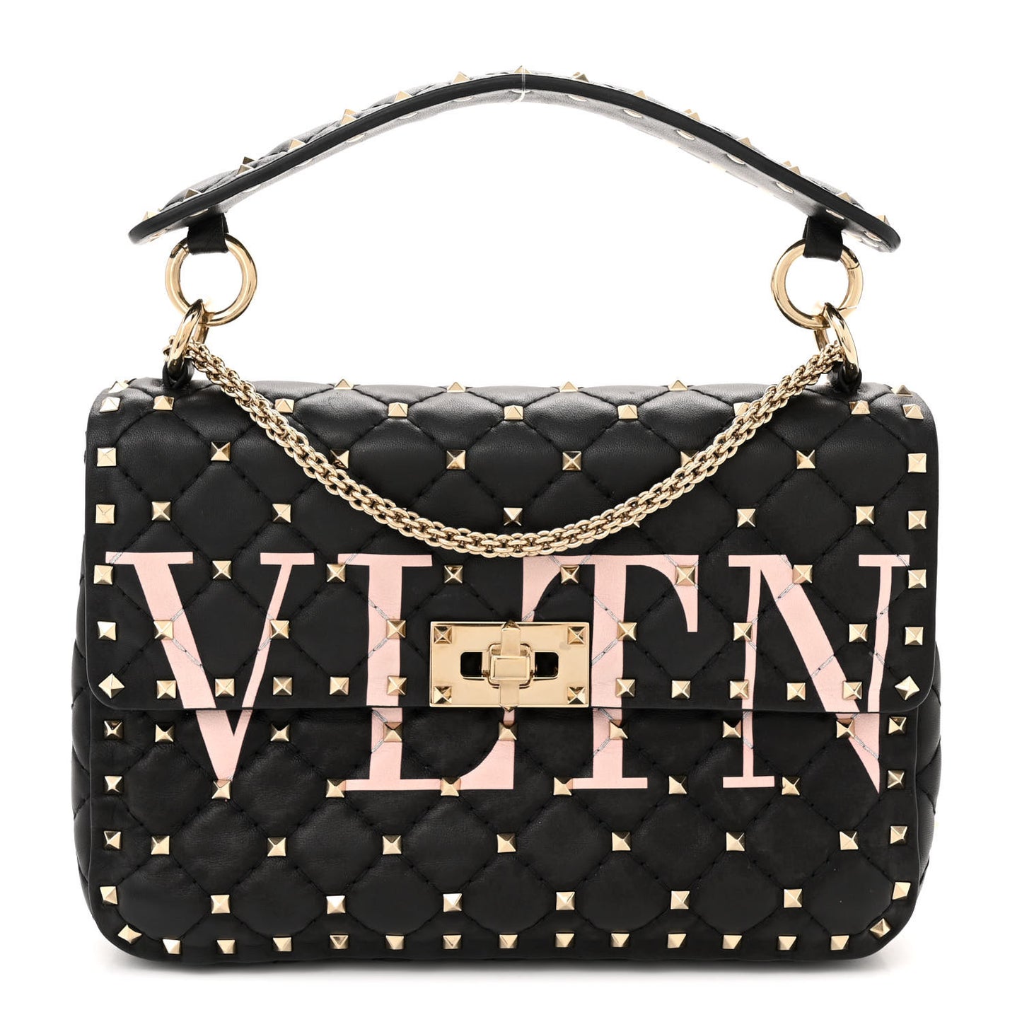 Lambskin VLTN Print Medium Rockstud Spike Shoulder Bag Black