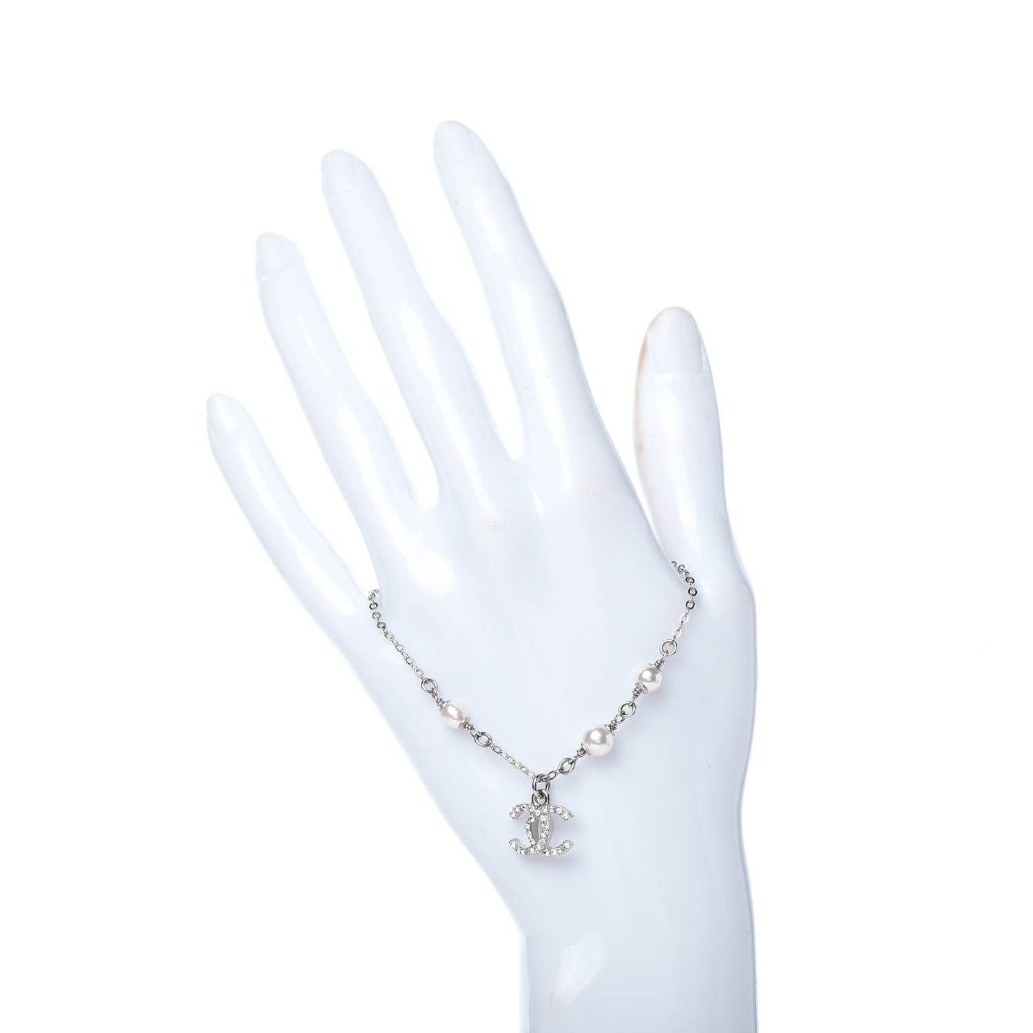 Chanel Pearl Crystal CC Bracelet Silver Pearly White 2 of 4