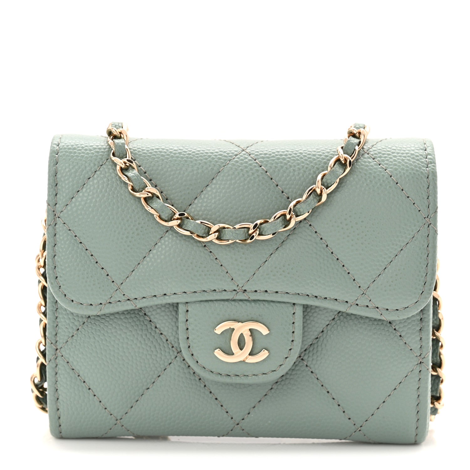 Chanel Caviar Quilted Flap Card Holder On Chain Light Green 1 of 11