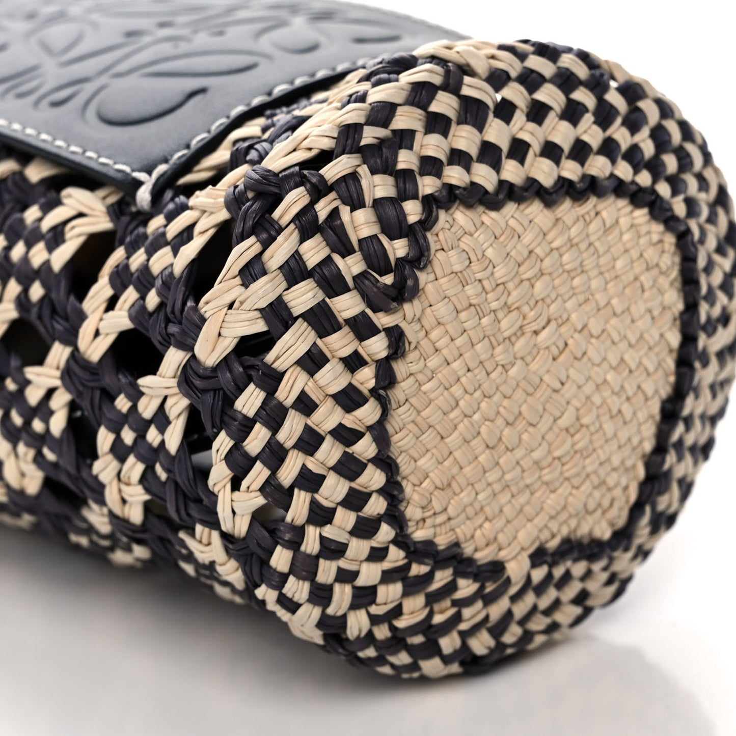 Calfskin Raffia Paula's Ibiza Pocket Bucket Bag Natural Navy Blue