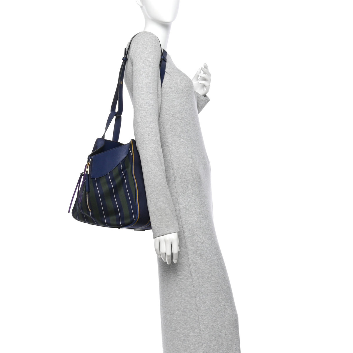 Canvas Calfskin Stripes Hammock Shoulder Bag Blue Red