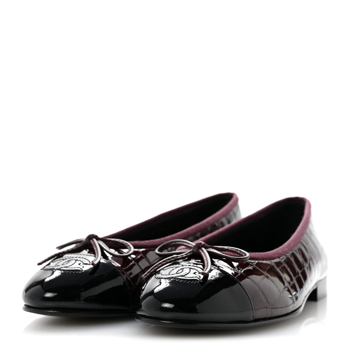 Patent Calfskin Crocodile Embossed Cap Toe CC Ballerina Flats 37 Dark Burgundy Black