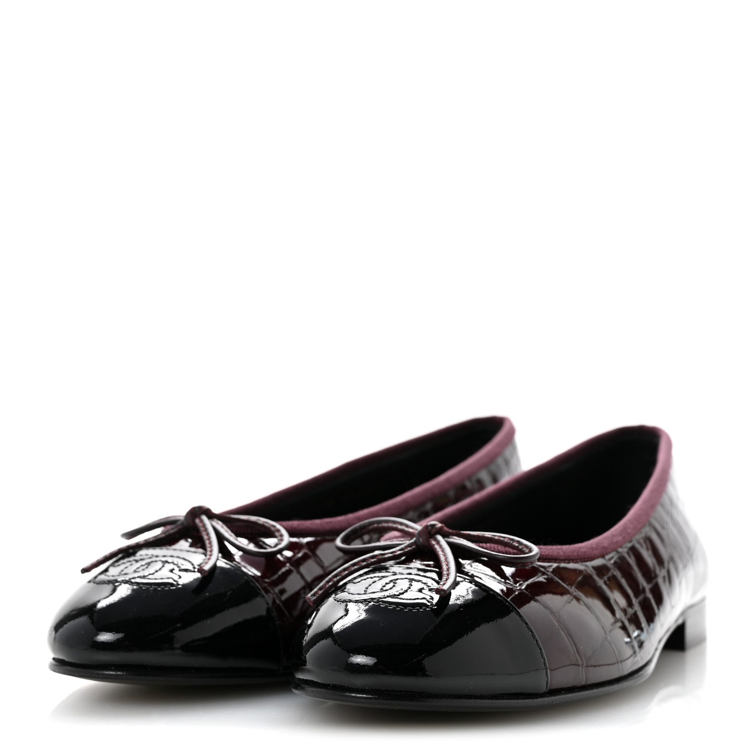Chanel Patent Calfskin Crocodile Embossed Cap Toe CC Ballerina Flats 37 Dark Burgundy Black 4 of 10