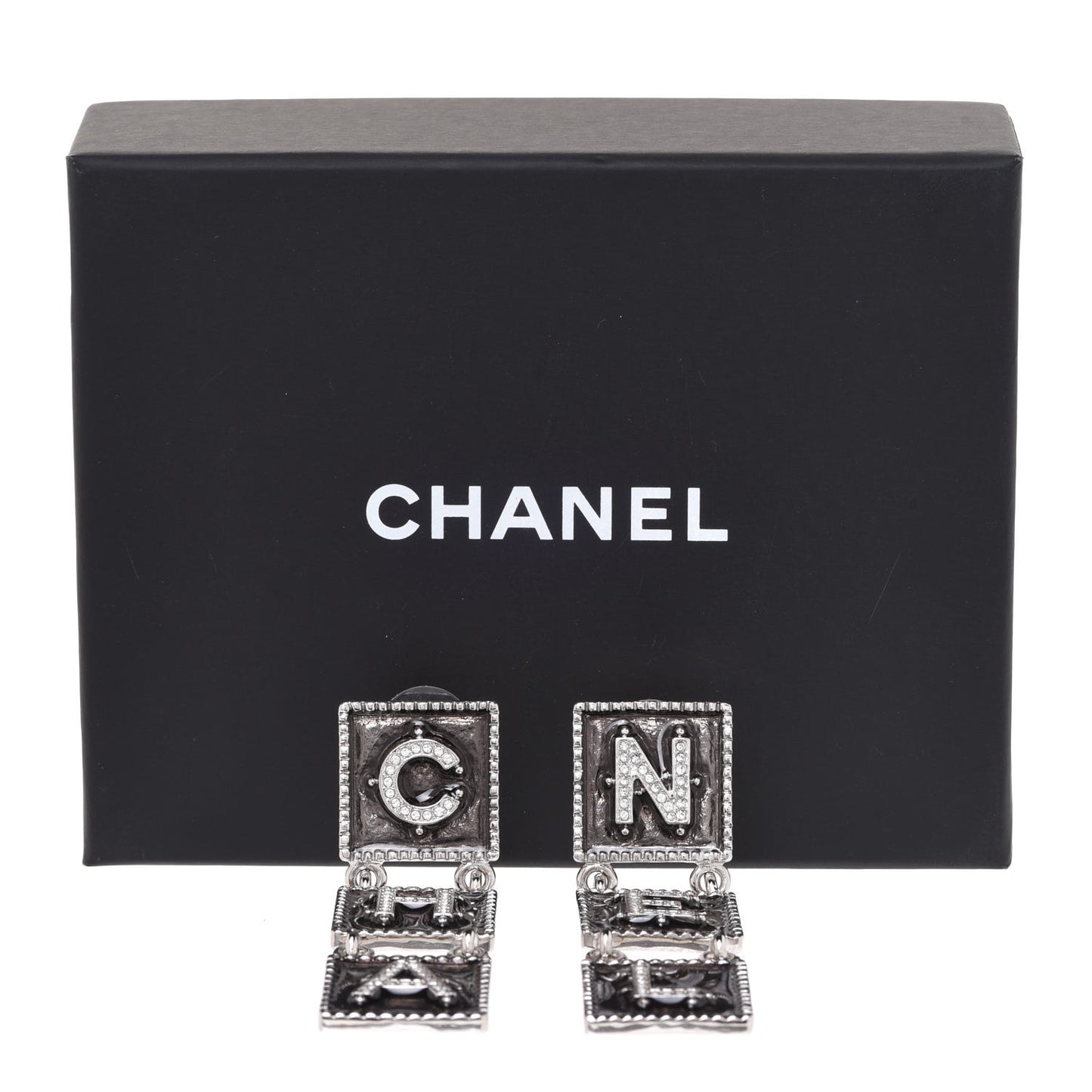 Metal Crystal Cha-Nel Logo Drop Earrings Silver