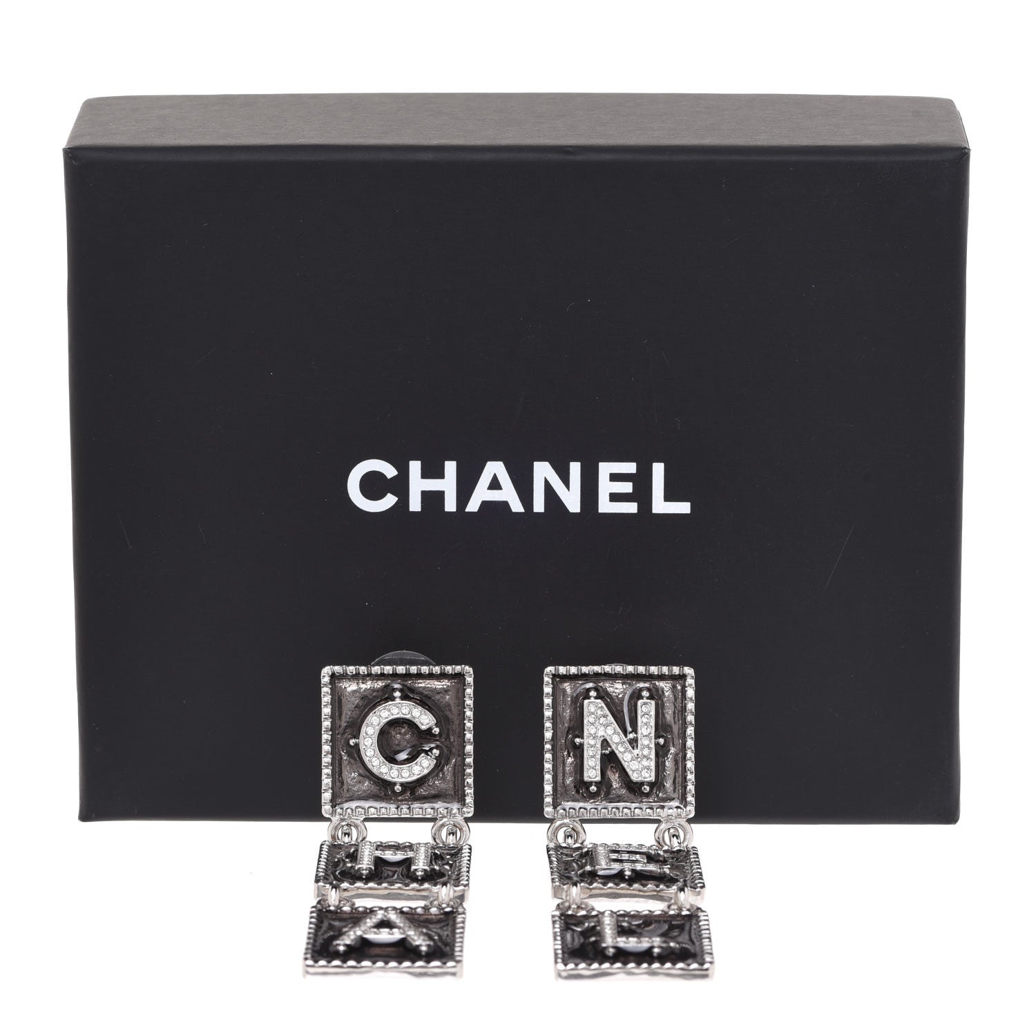 Chanel Metal Crystal Cha-Nel Logo Drop Earrings Silver 5 of 5