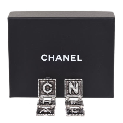 Chanel Metal Crystal Cha-Nel Logo Drop Earrings Silver 5 of 5