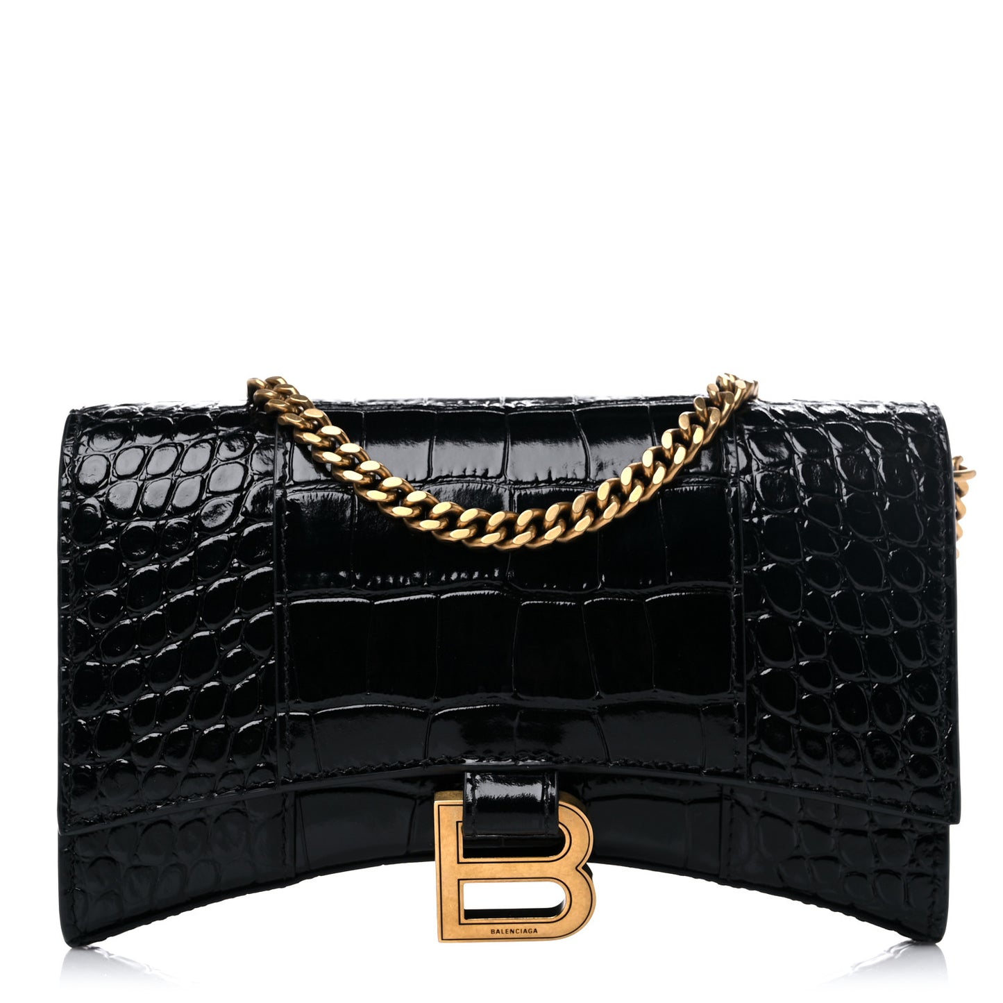 Shiny Calfskin Crocodile Embossed Hourglass Chain Bag Black
