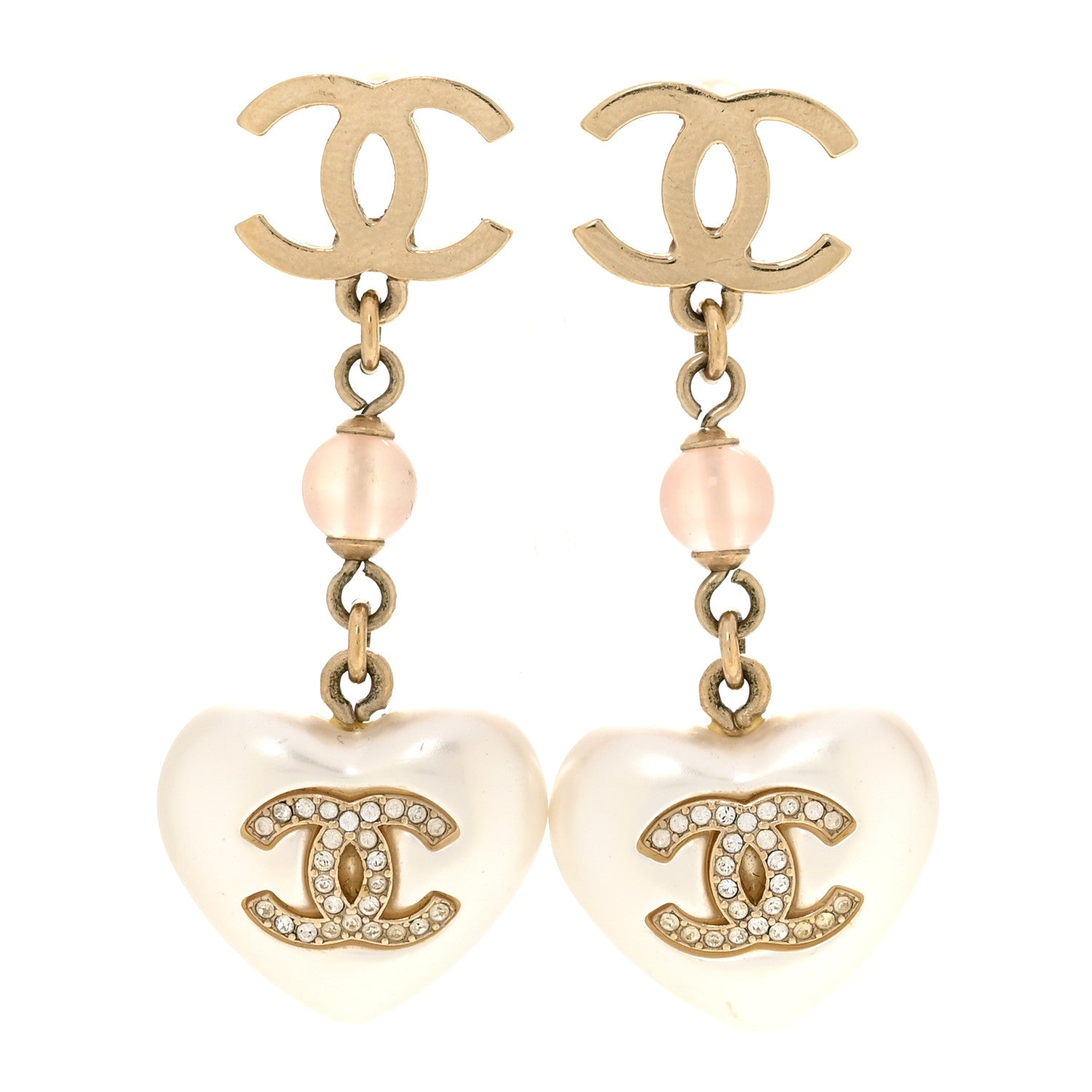 Chanel Metal Pearl Crystal Bead CC Heart Drop Earrings Pink Gold 1 of 4