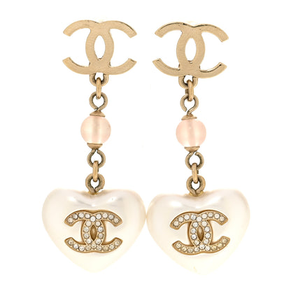 Chanel Metal Pearl Crystal Bead CC Heart Drop Earrings Pink Gold 1 of 4