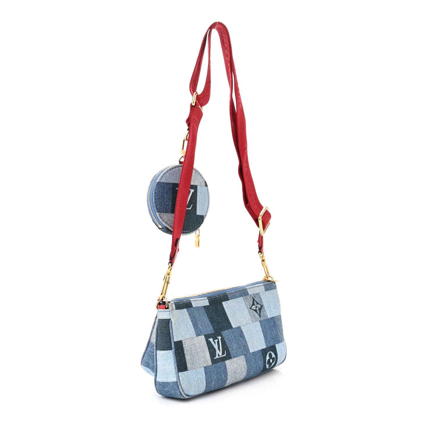 Denim Damier Monogram Patchwork Multi Pochette Accessories Blue Rouge