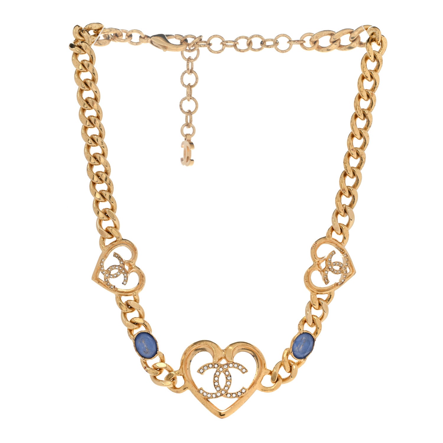 Chanel Resin Crystal Heart CC Chain Necklace Gold Blue 3 of 9
