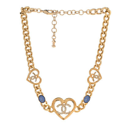 Chanel Resin Crystal Heart CC Chain Necklace Gold Blue 3 of 9