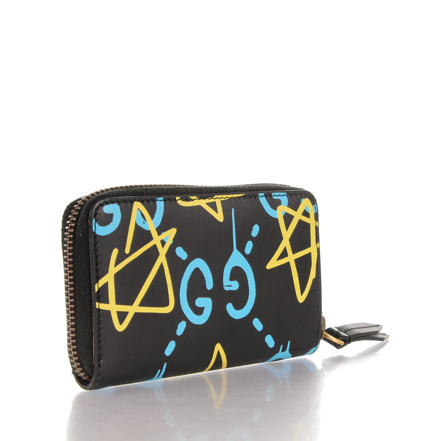 Gucci Calfskin GucciGhost Zip Around Card Case Black New Acquamarine 3 of 7